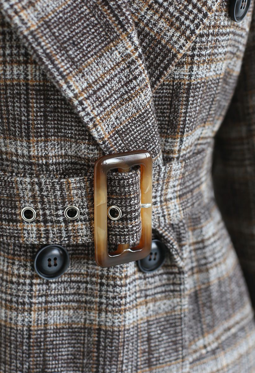 Plaid Double-Breasted Wool-Blend Coat in Brown - Retro, Indie and ...