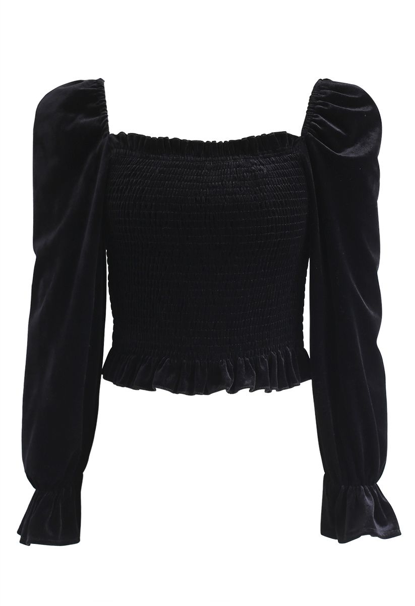 Square Neck Shirred Velvet Crop Top in Black - Retro, Indie and Unique ...