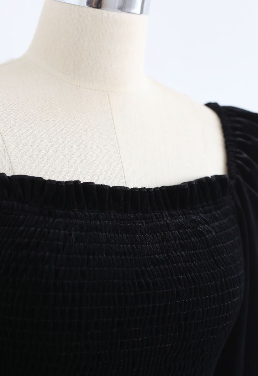 Square Neck Shirred Velvet Crop Top in Black