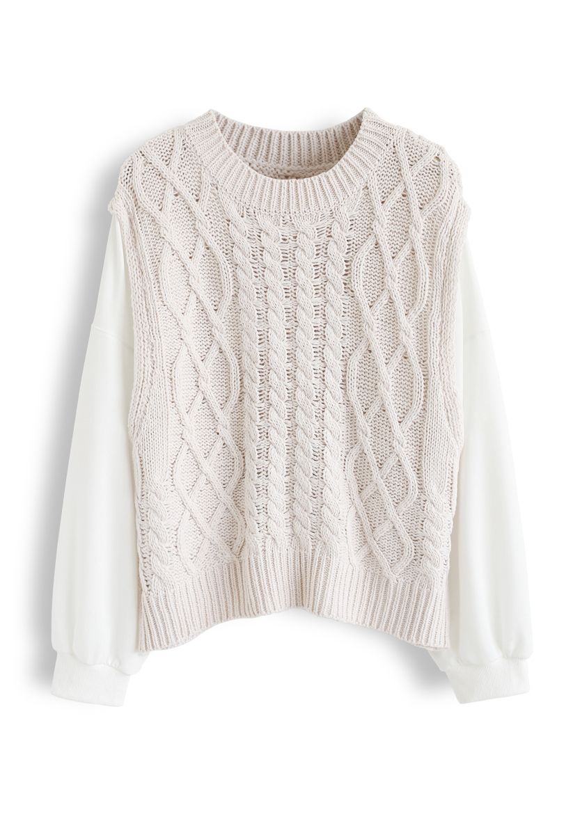 Braid Texture Spliced Sleeves Knit Sweater in Cream - Retro, Indie and ...