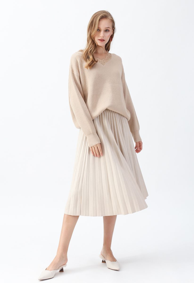 Faux Suede Pleated Midi Skirt in Ivory