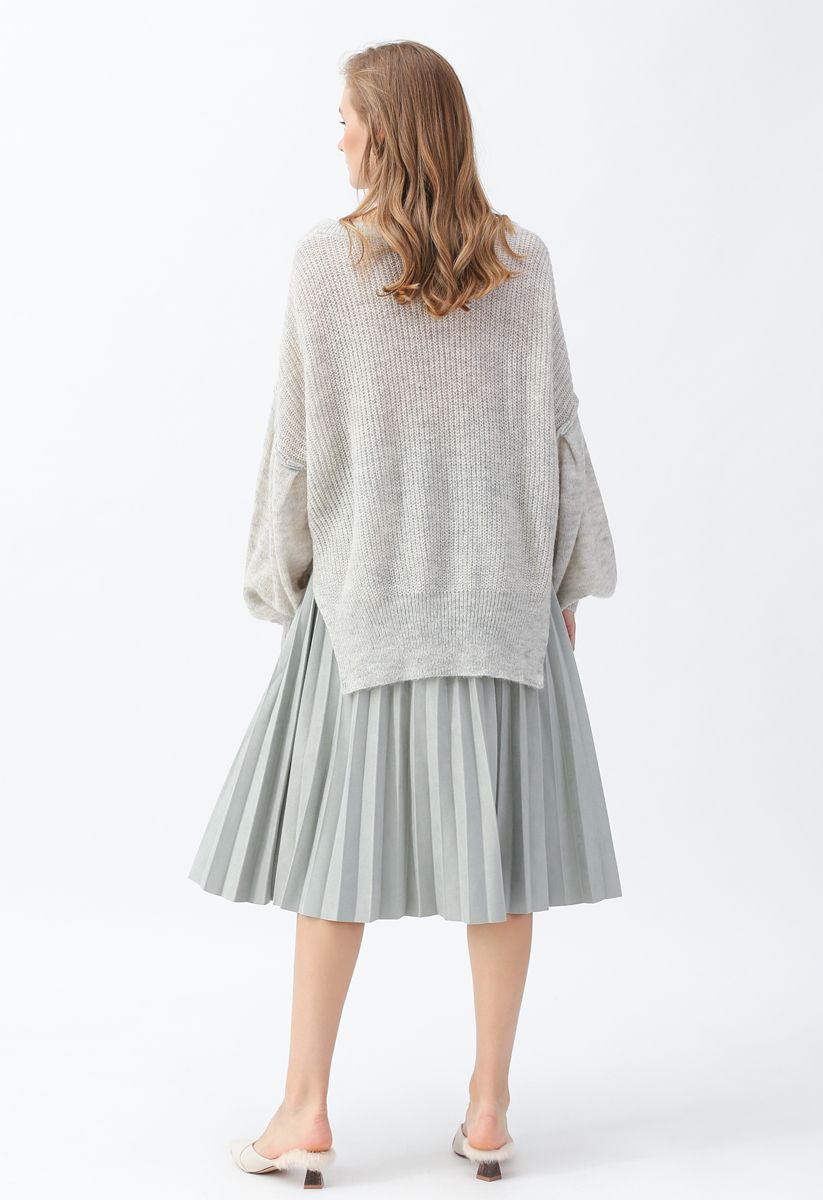 Faux Suede Pleated Midi Skirt in Mint - Retro, Indie and Unique Fashion