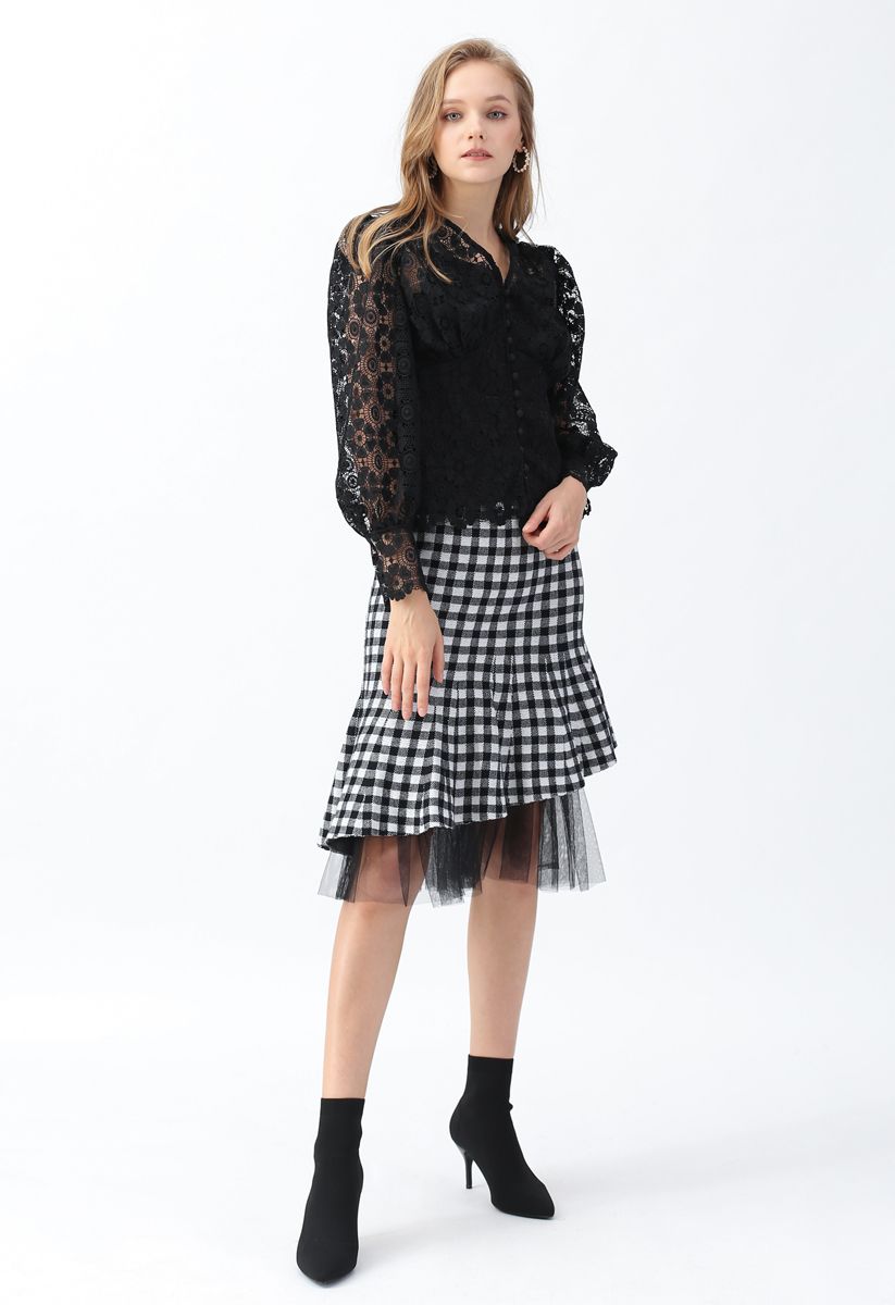 Mesh Hem Gingham Pattern Knit Frilling Skirt