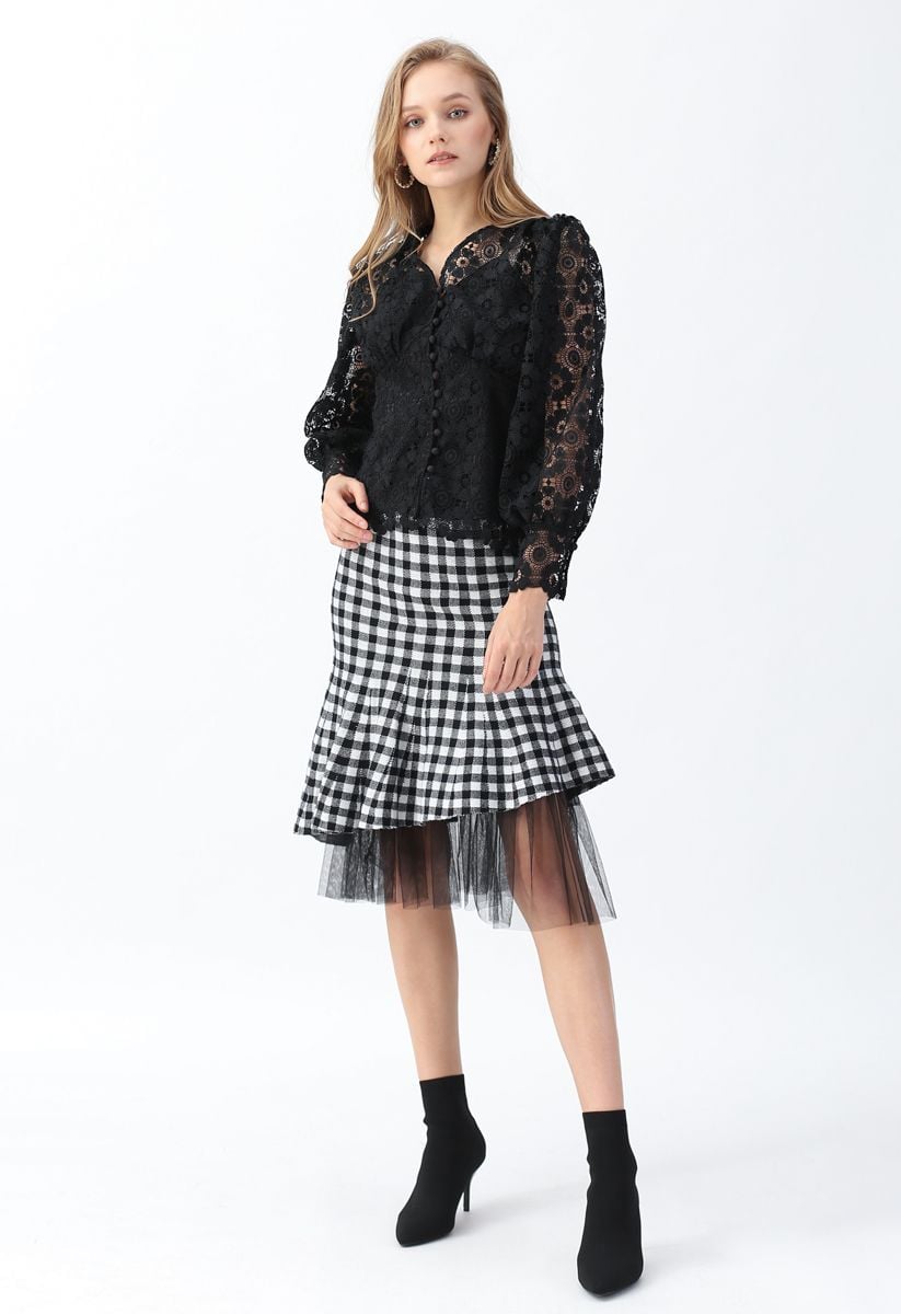 Mesh Hem Gingham Pattern Knit Frilling Skirt