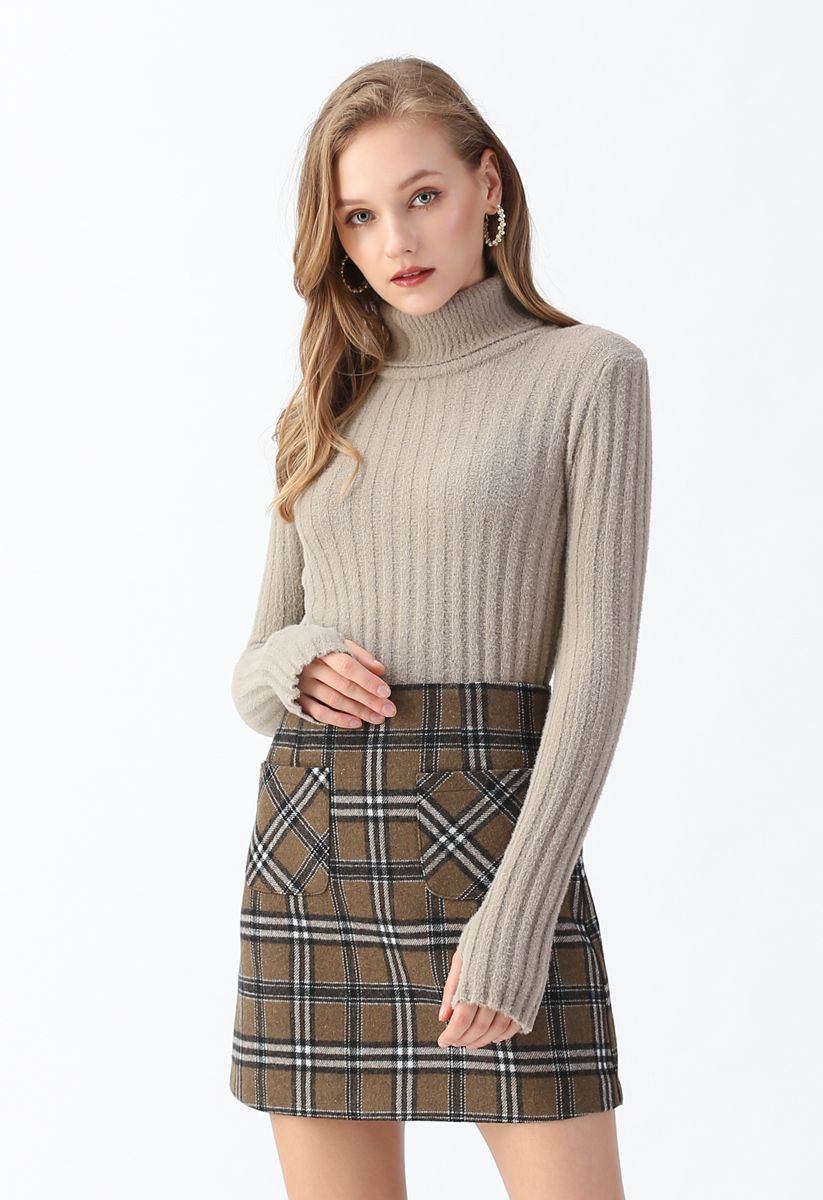 Plaid Pattern Front Pocket Wool-Blend Bud Skirt - Retro, Indie and ...