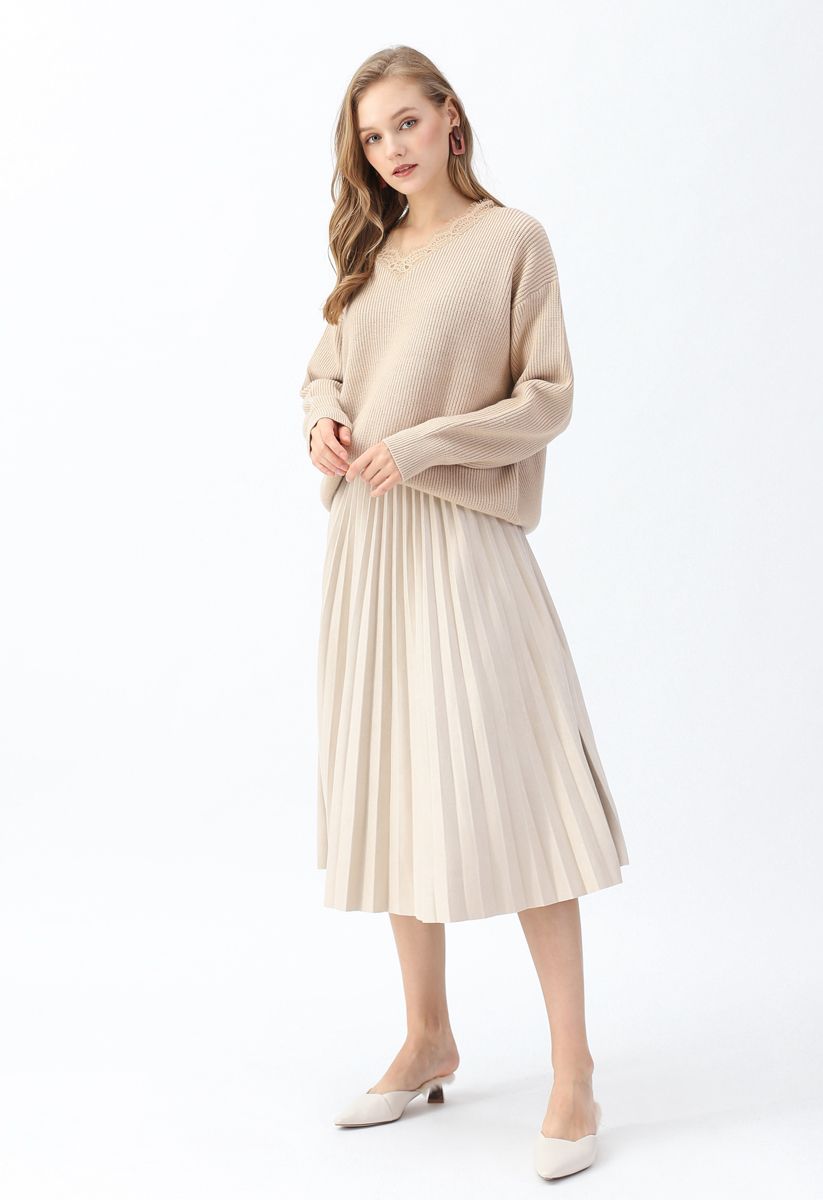 Faux Suede Pleated Midi Skirt in Ivory