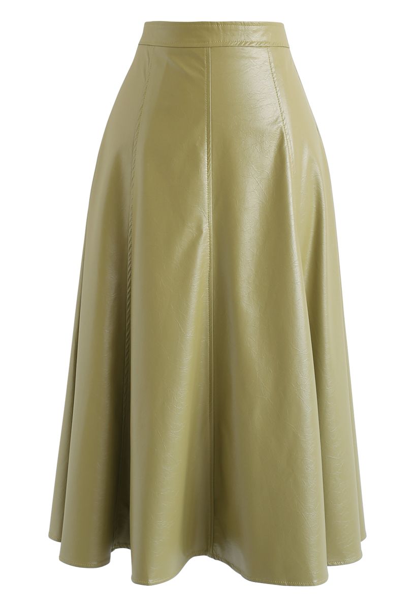 Faux Leather A-Line Midi Skirt in Moss Green - Retro, Indie and Unique ...