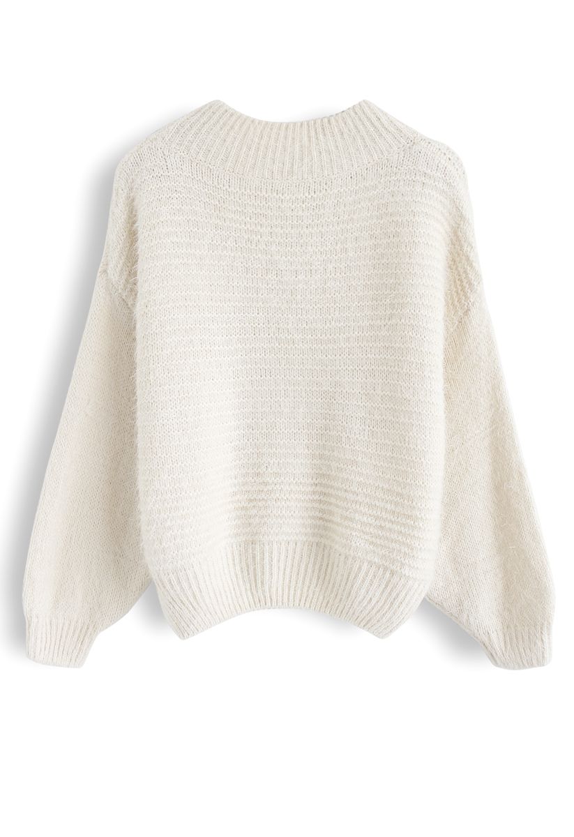 Round Neck Fuzzy Knit Sweater in Cream - Retro, Indie and Unique Fashion