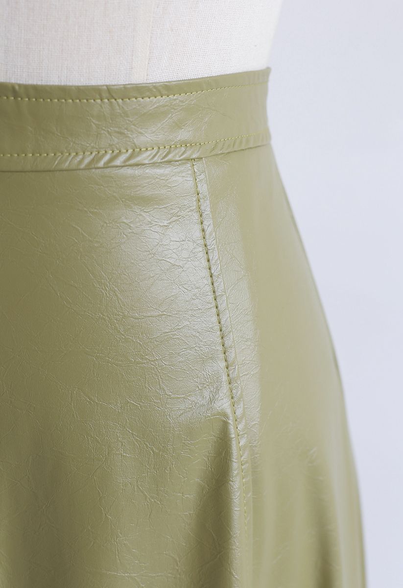 Faux Leather A-Line Midi Skirt in Moss Green