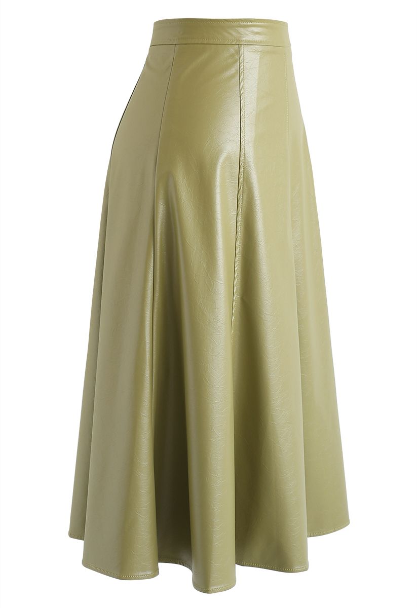 Faux Leather A-Line Midi Skirt in Moss Green