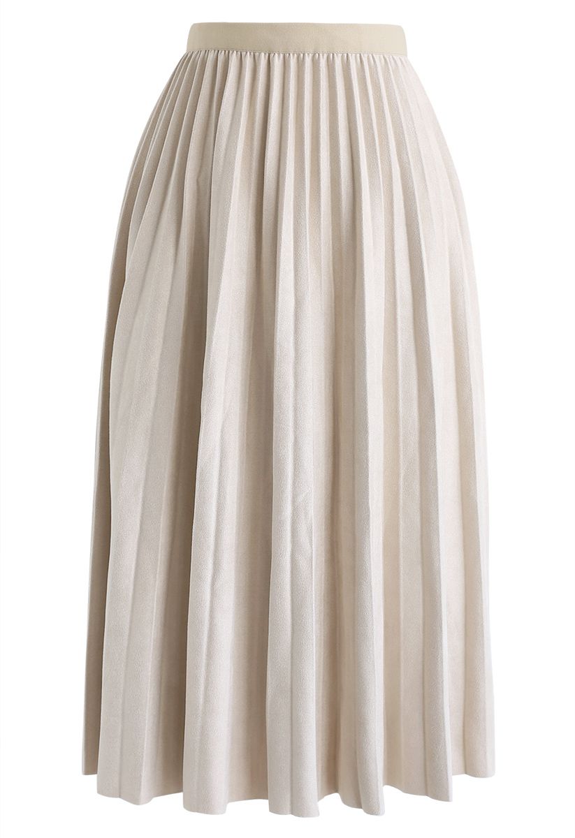 Faux Suede Pleated Midi Skirt in Ivory