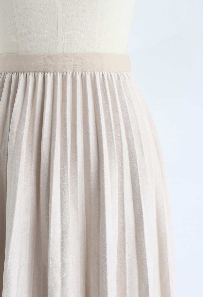 Faux Suede Pleated Midi Skirt in Ivory