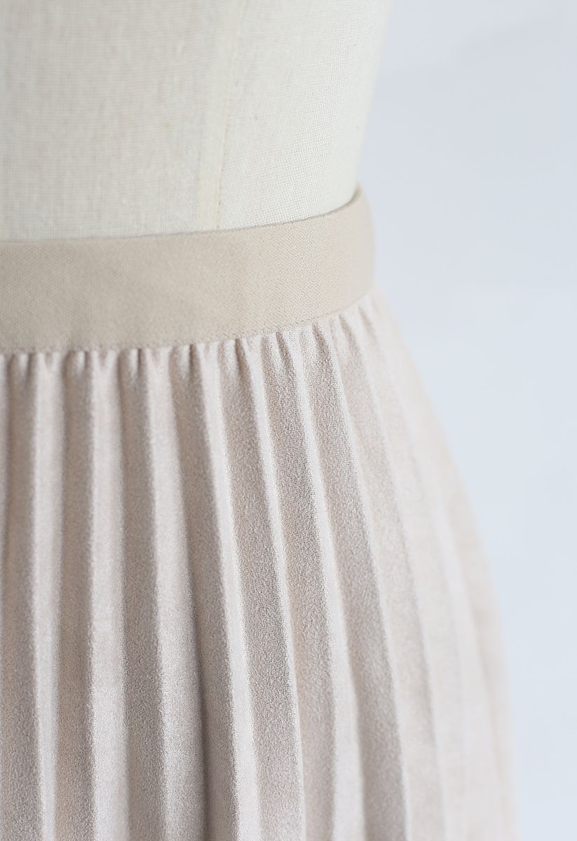 Faux Suede Pleated Midi Skirt in Ivory