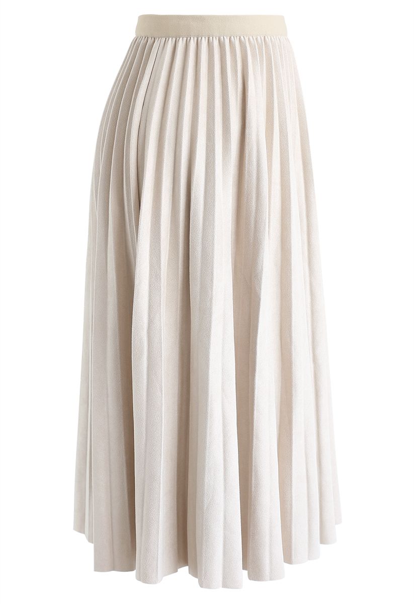 Faux Suede Pleated Midi Skirt in Ivory - Retro, Indie and Unique Fashion