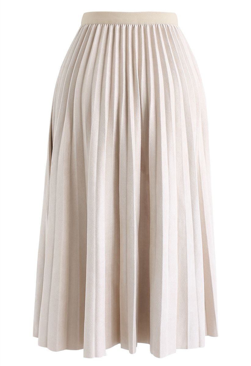 Faux Suede Pleated Midi Skirt in Ivory