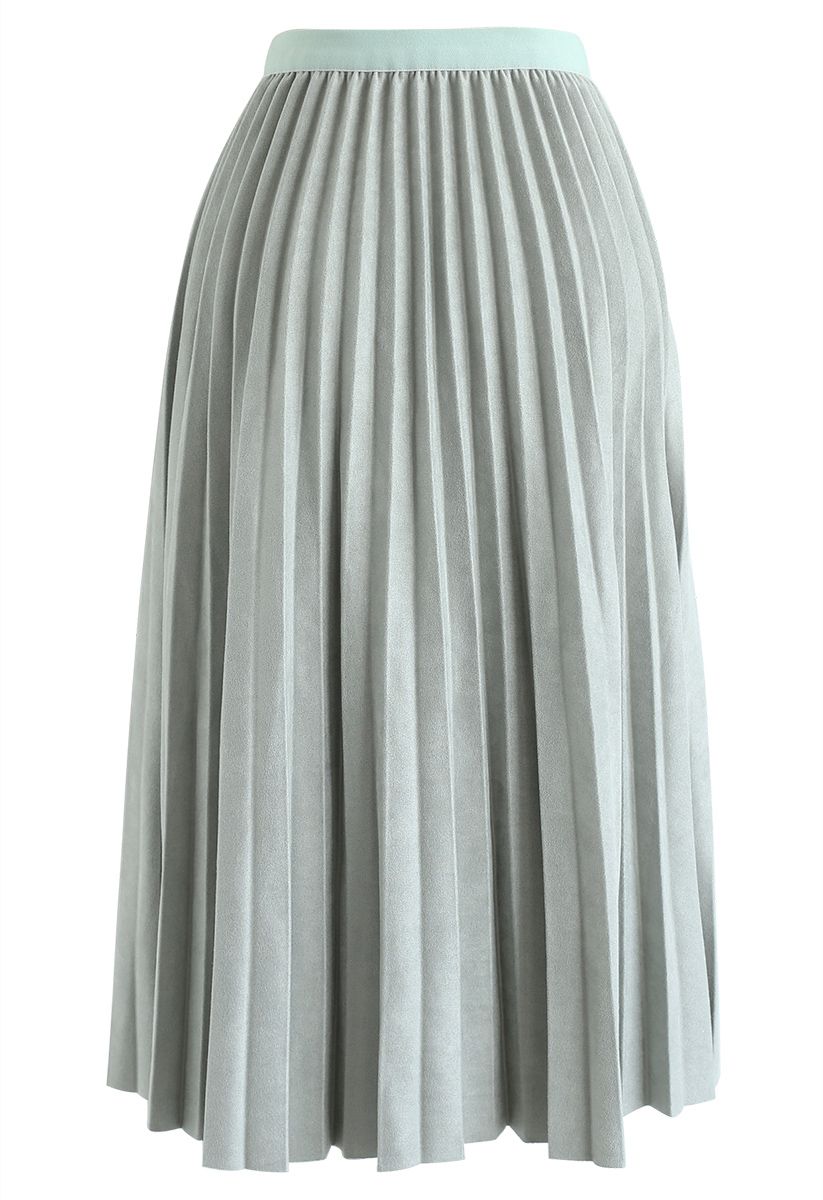 Faux Suede Pleated Midi Skirt in Mint - Retro, Indie and Unique Fashion