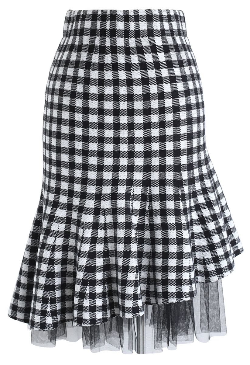 Mesh Hem Gingham Pattern Knit Frilling Skirt