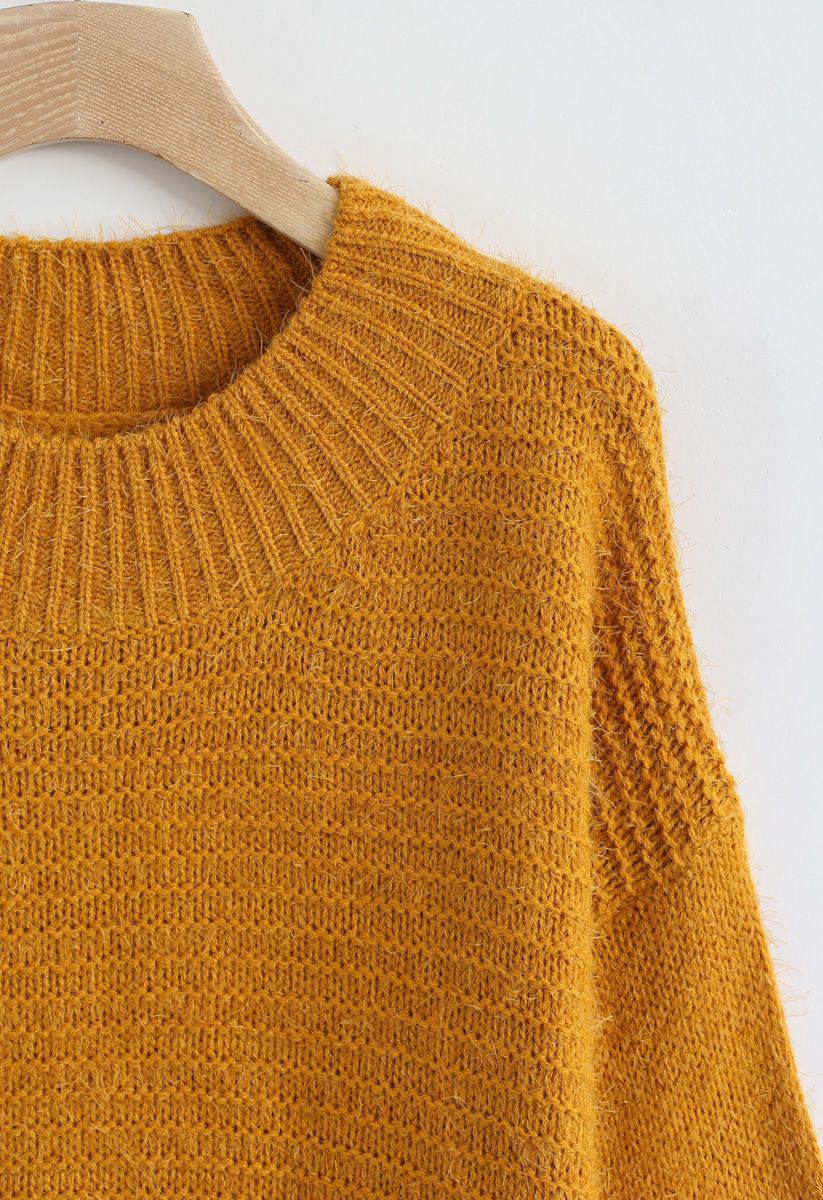 Round Neck Fuzzy Knit Sweater in Mustard - Retro, Indie and Unique Fashion