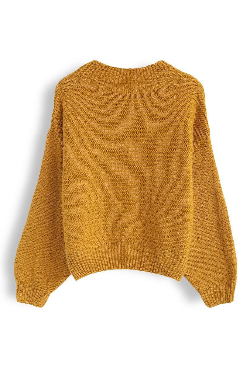 Round Neck Fuzzy Knit Sweater in Mustard - Retro, Indie and Unique Fashion