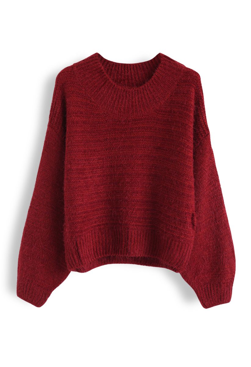 Round Neck Fuzzy Knit Sweater in Red - Retro, Indie and Unique Fashion