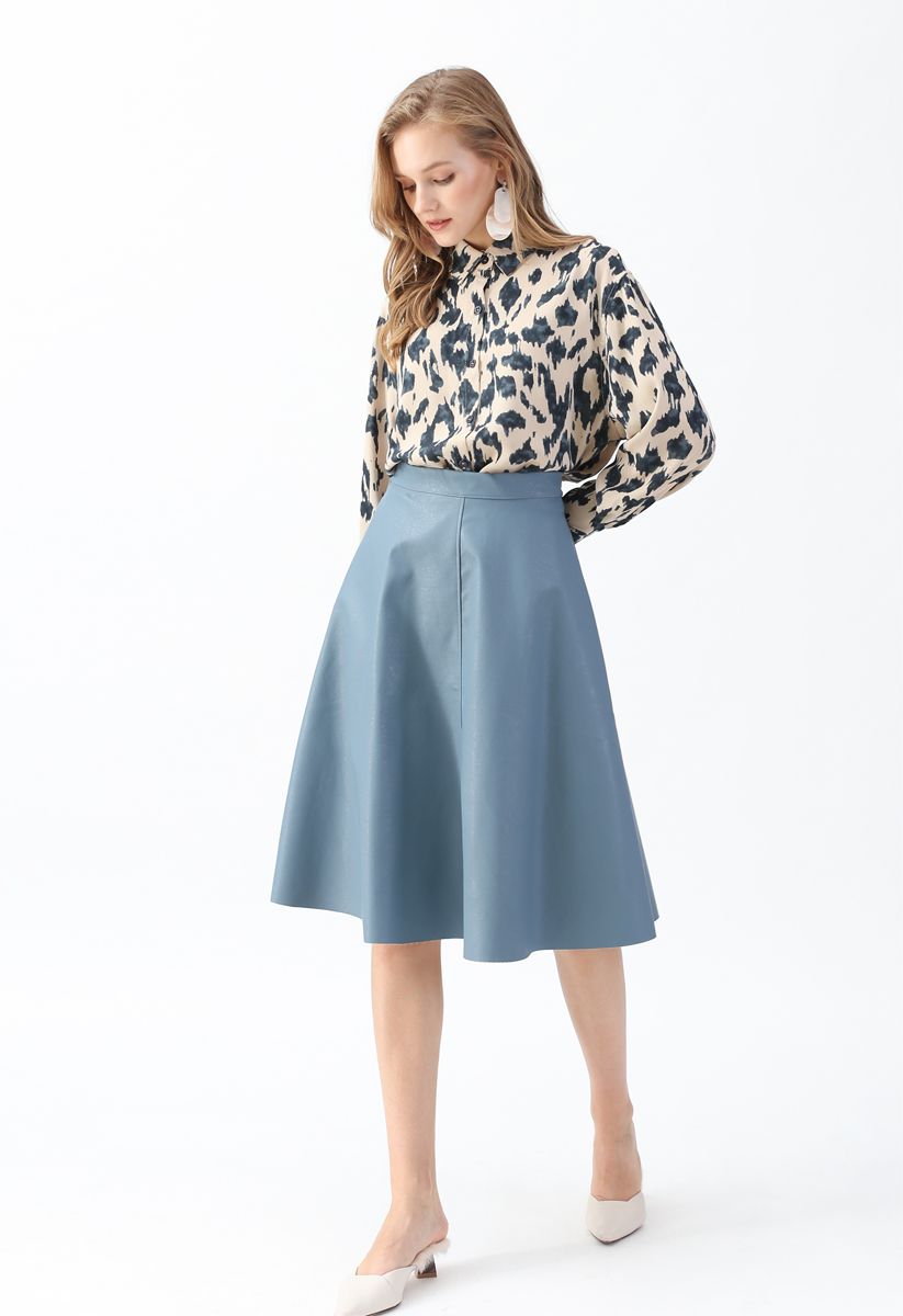 Faux Leather A-Line Midi Skirt in Blue