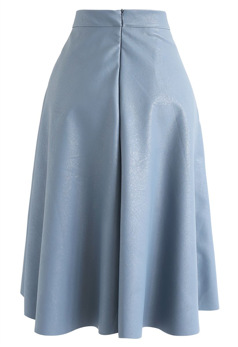 Faux Leather A-Line Midi Skirt in Blue