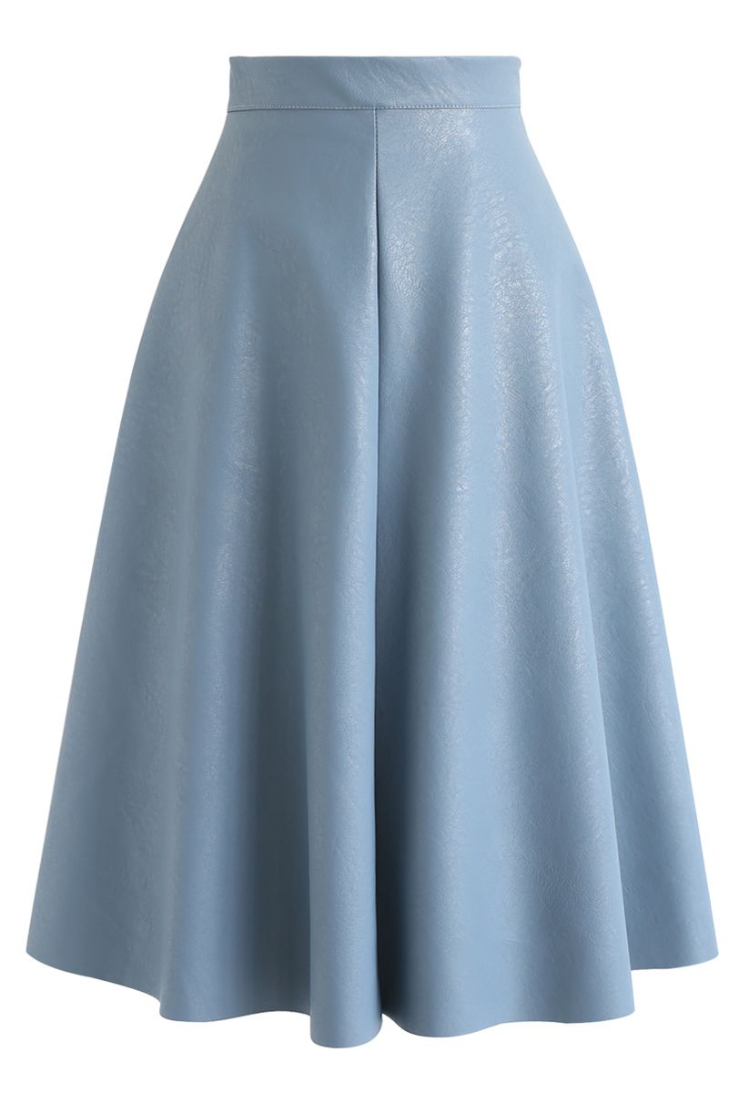 Faux Leather A-Line Midi Skirt in Blue