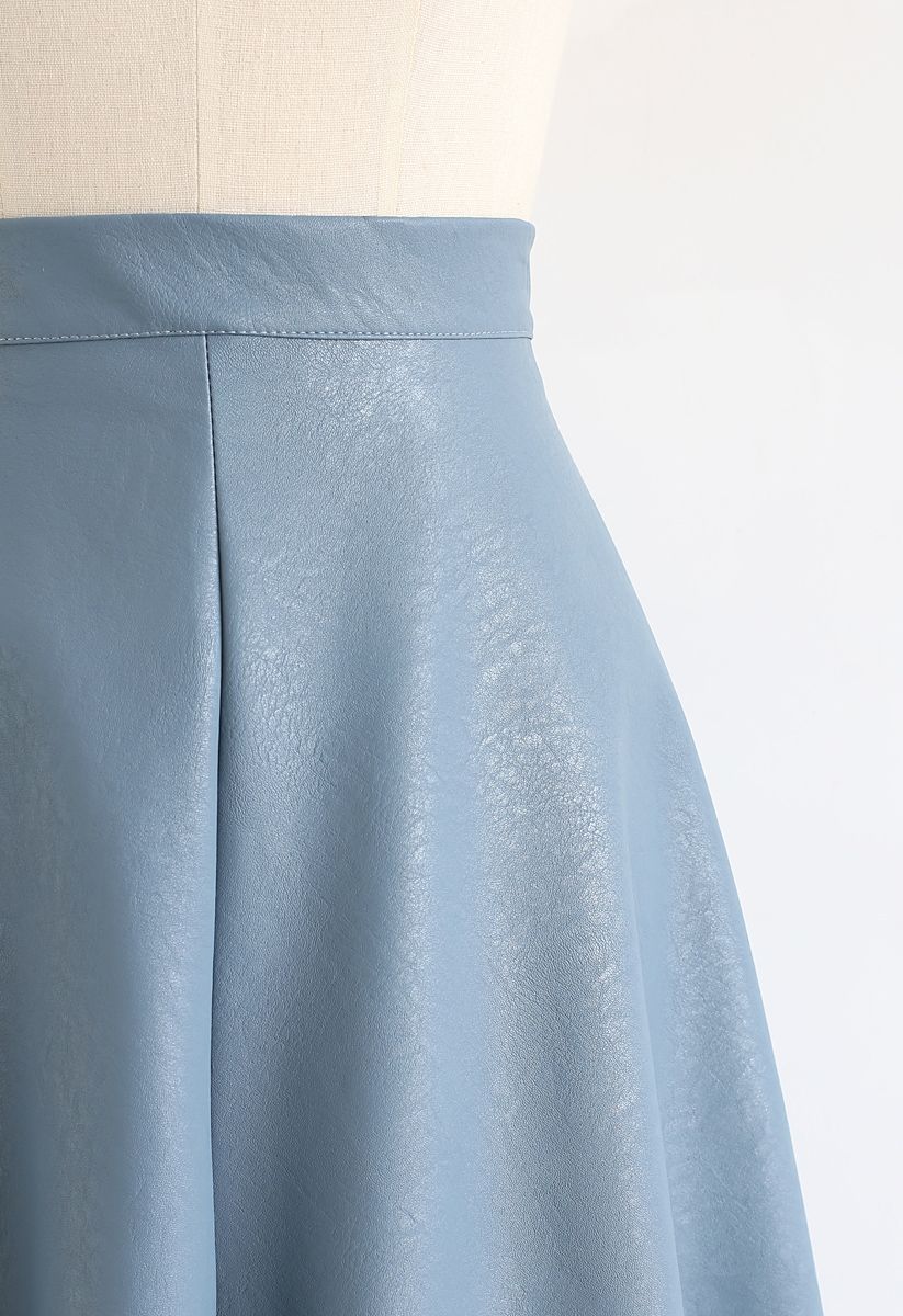 Faux Leather A-Line Midi Skirt in Blue