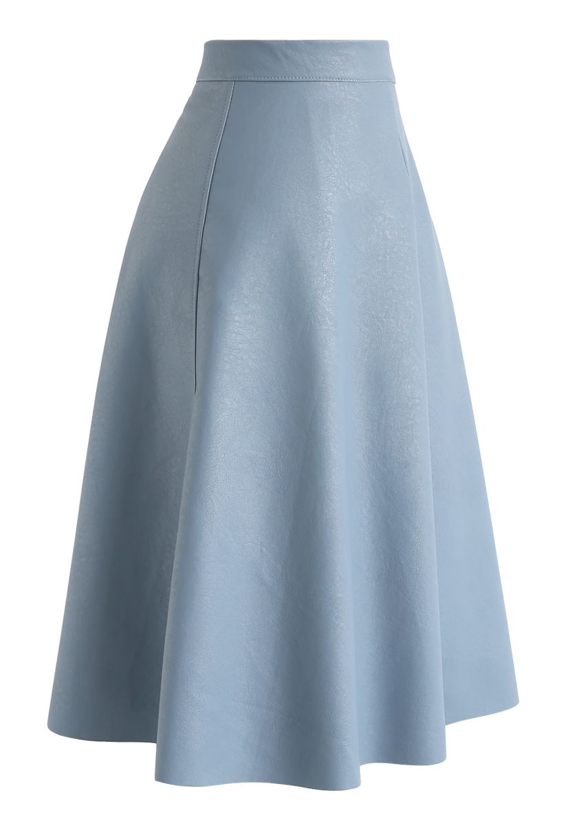 Faux Leather A-Line Midi Skirt in Blue