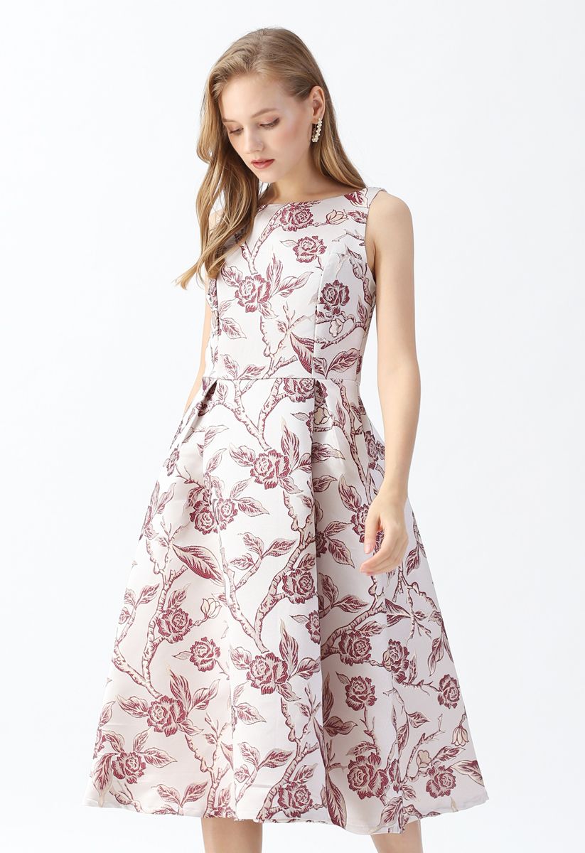 Rose Jacquard Sleeveless Midi Dress