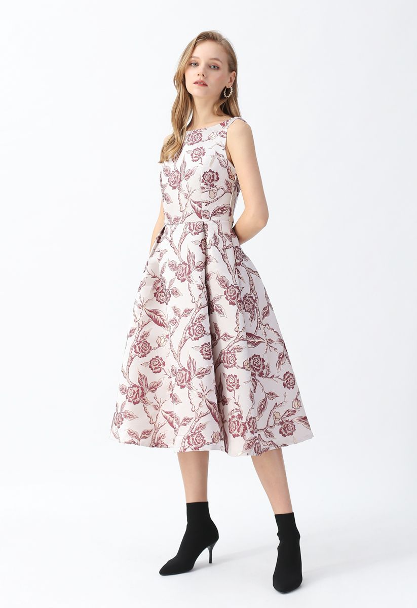 Rose Jacquard Sleeveless Midi Dress