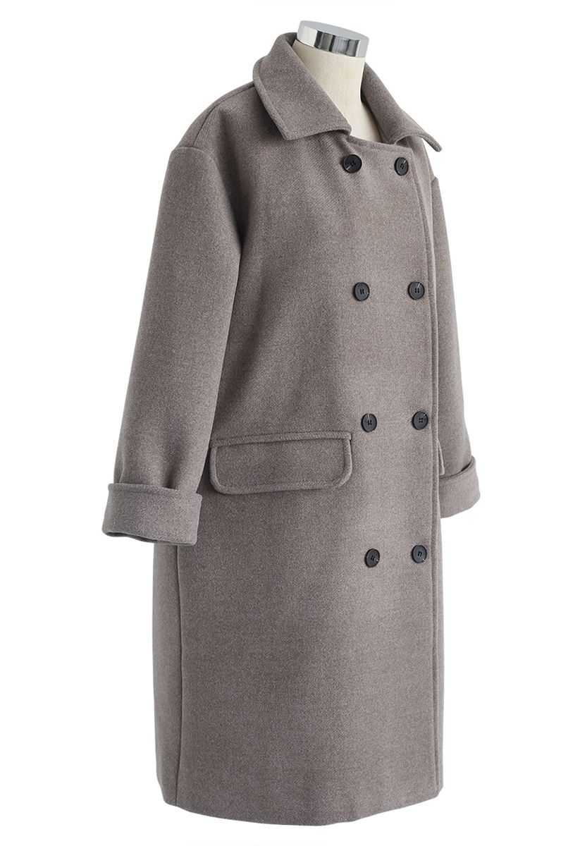 Flap Pockets Double-Breasted Wool-Blend Coat in Grey - Retro, Indie and ...