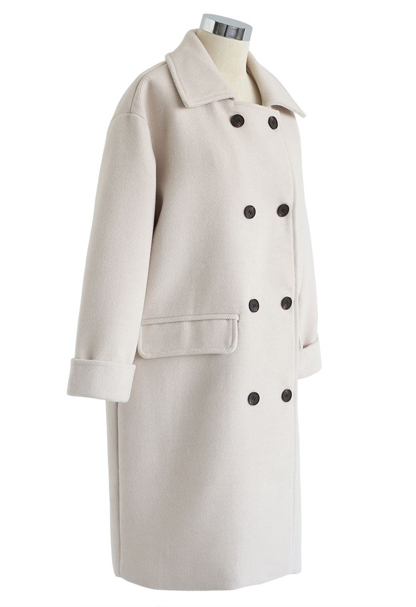 Flap Pockets Double-Breasted Wool-Blend Coat in Ivory - Retro, Indie ...