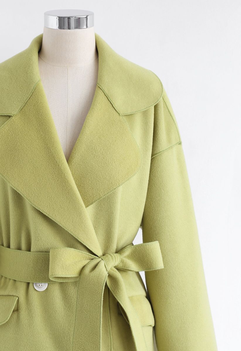 Double-Breasted Wool-Blend Belted Coat in Moss Green