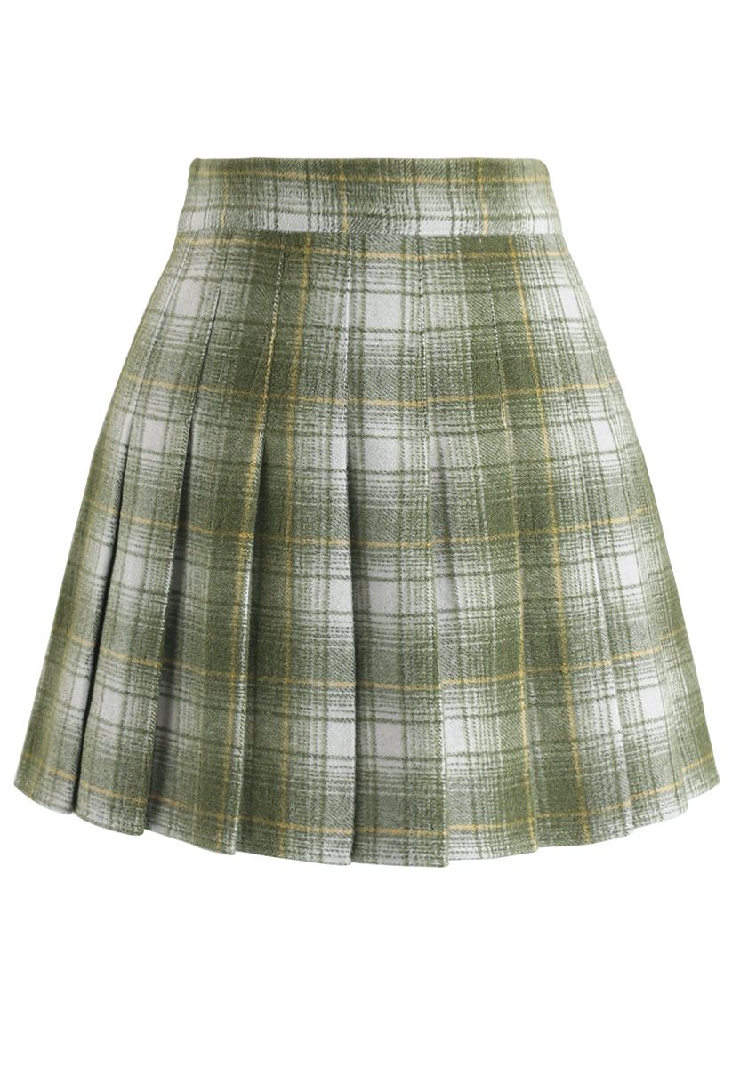 Plaid Pleated Wool-Blend Mini Skorts in Green