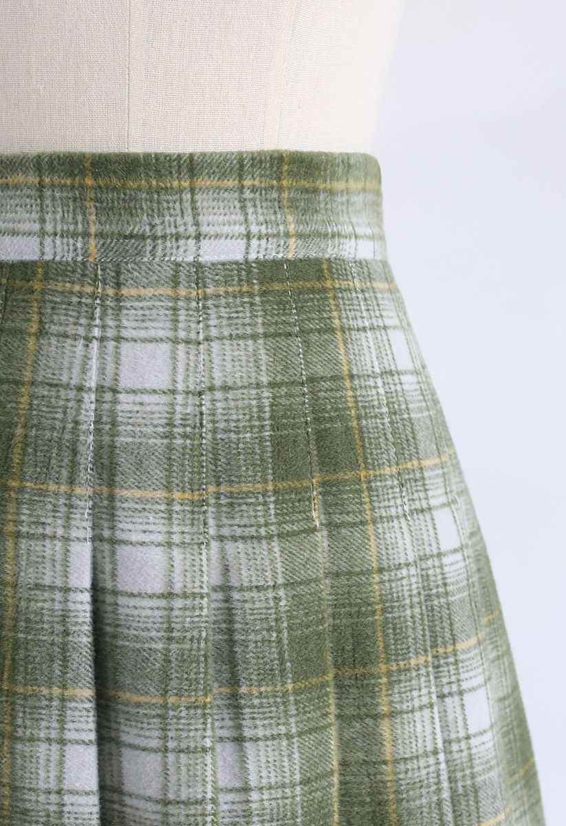 Plaid Pleated Wool-Blend Mini Skorts in Green