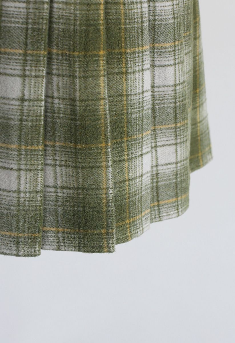 Plaid Pleated Wool-Blend Mini Skorts in Green