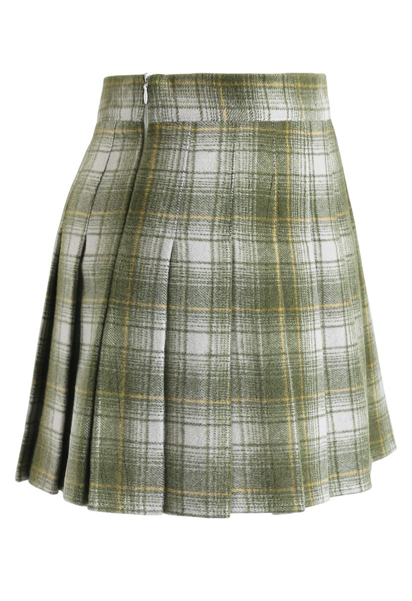 Plaid Pleated Wool-Blend Mini Skorts in Green