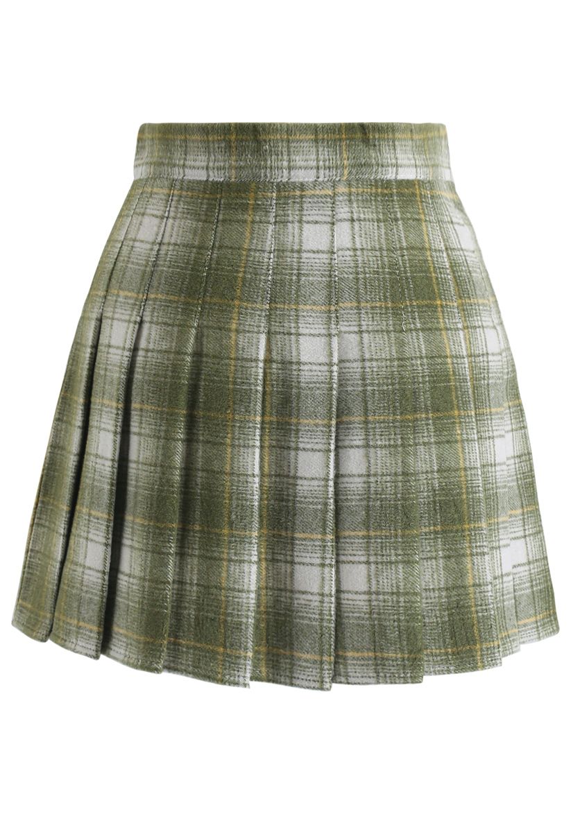 Plaid Pleated Wool-Blend Mini Skorts in Green