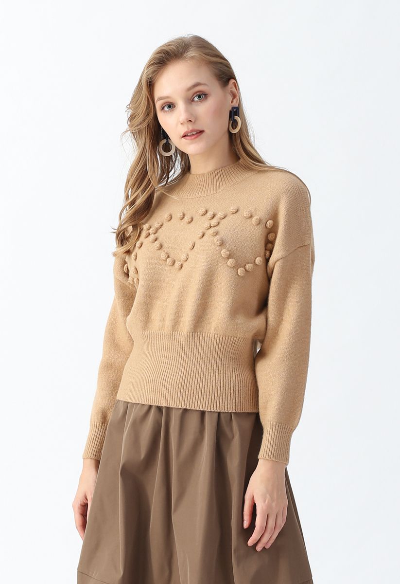 Pom-Pom Heart Knit Sweater in Tan - Retro, Indie and Unique Fashion