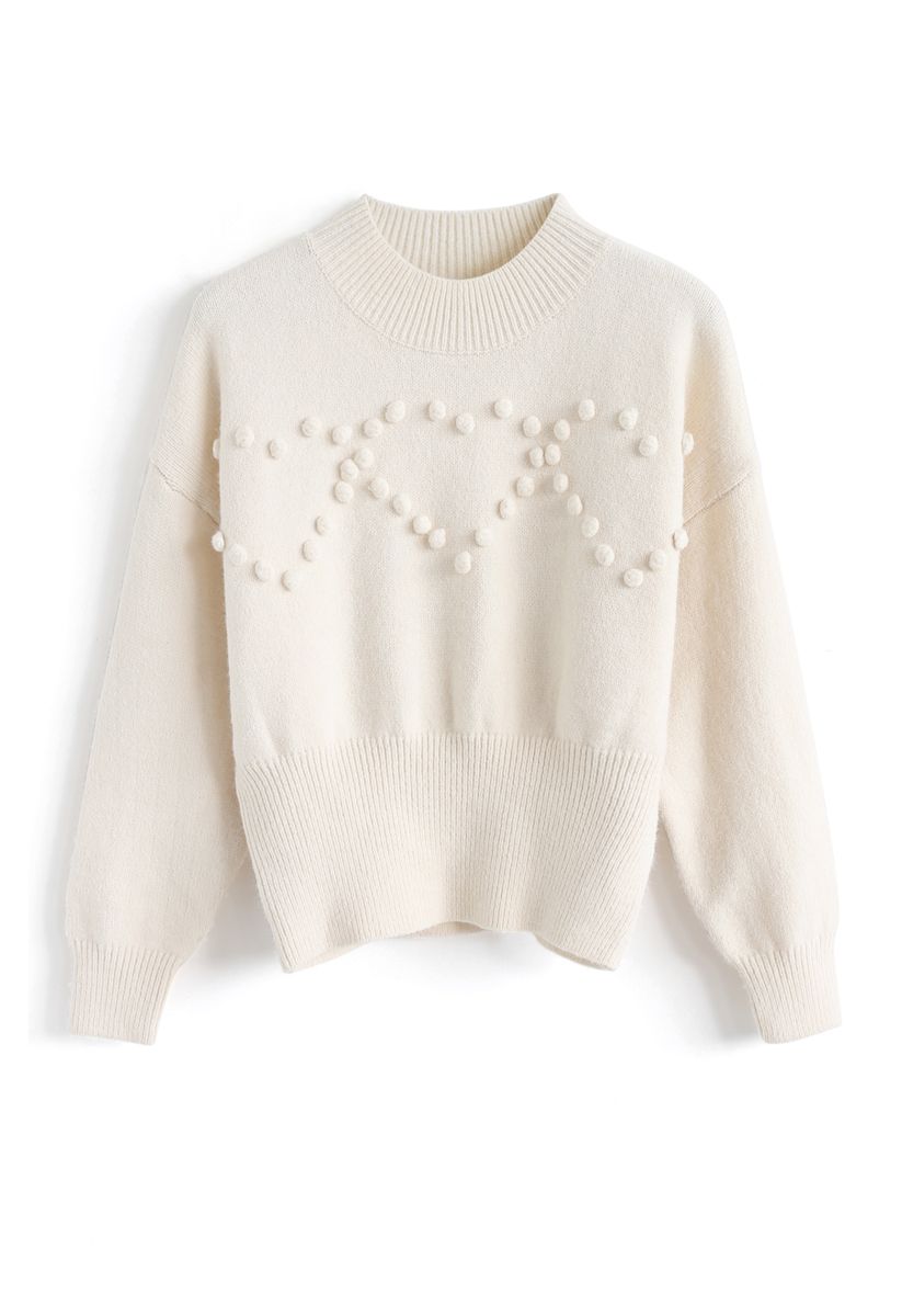 Pom-Pom Heart Knit Sweater in Cream