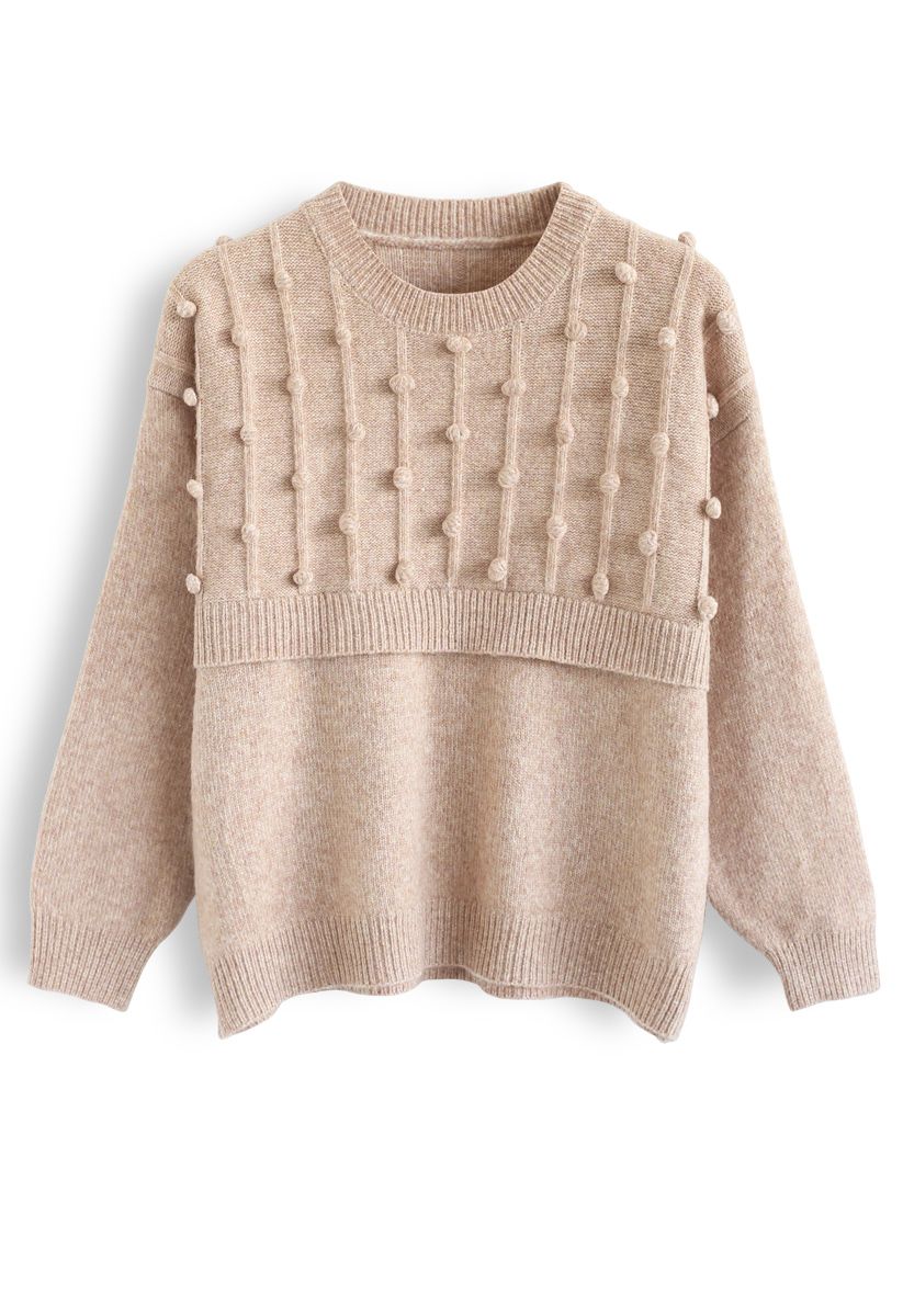 Round Neck Pom-Pom Trimmed Knit Sweater in Tan - Retro, Indie and ...
