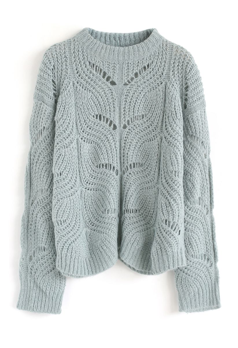 Hollow Out Loose Knit Sweater in Sea Green