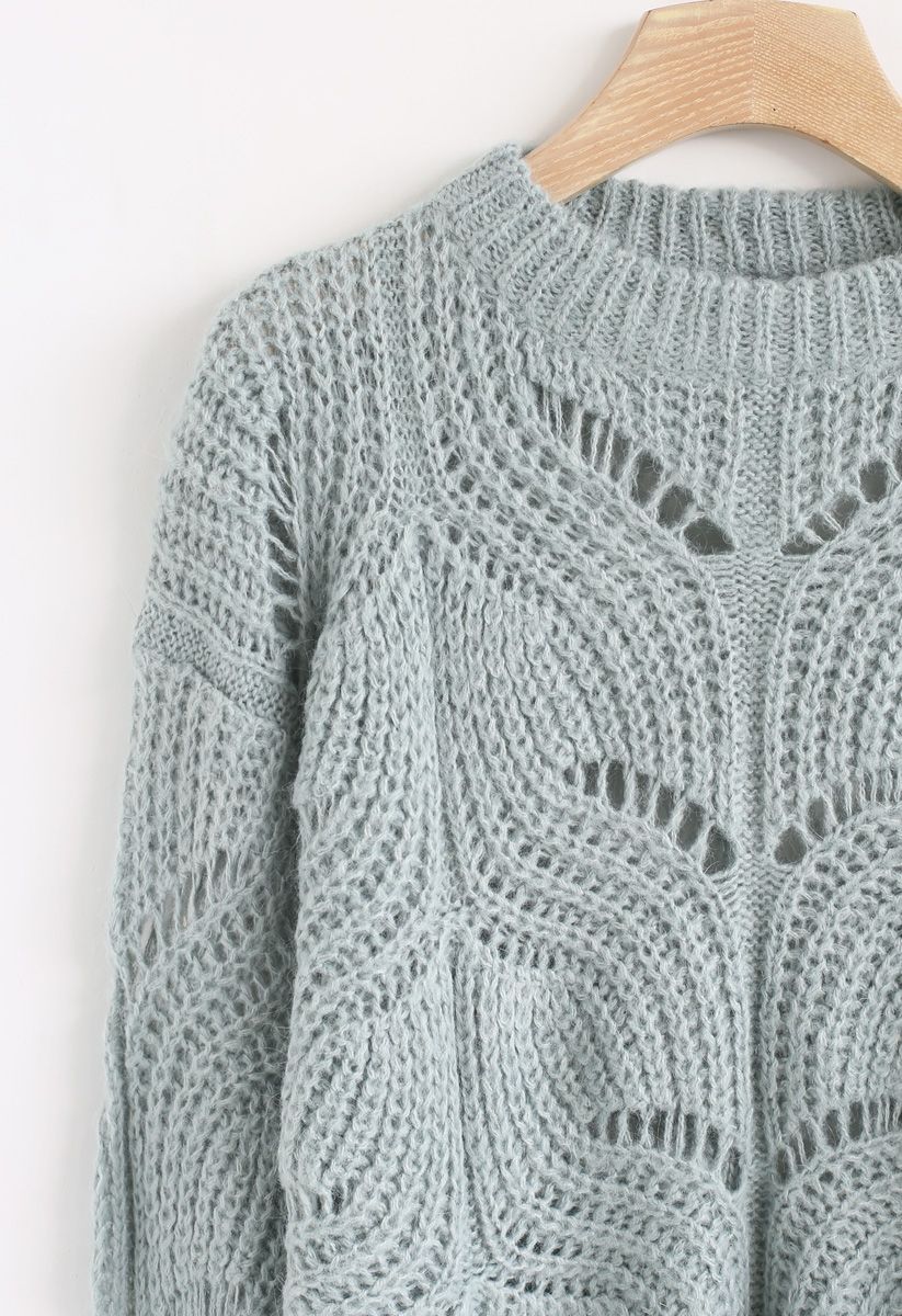 Hollow Out Loose Knit Sweater in Sea Green