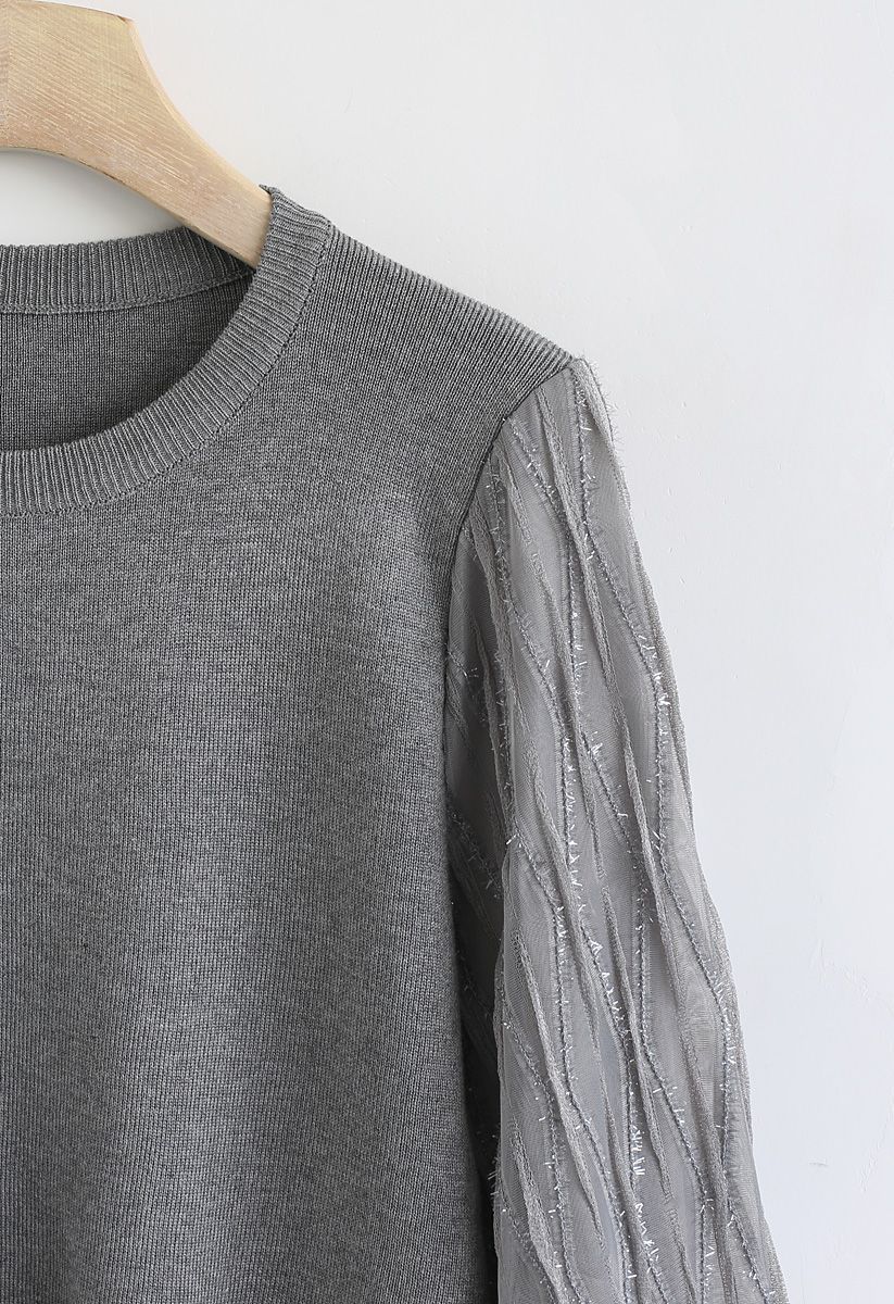 Shiny Lines Puff Sleeves Knit Top in Grey - Retro, Indie and Unique Fashion