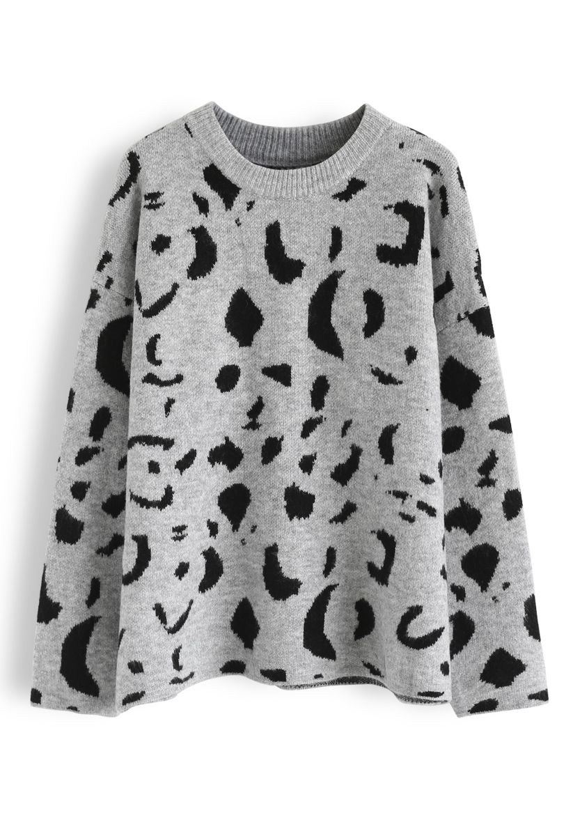 Inky Pattern Loose Knit Sweater in Grey