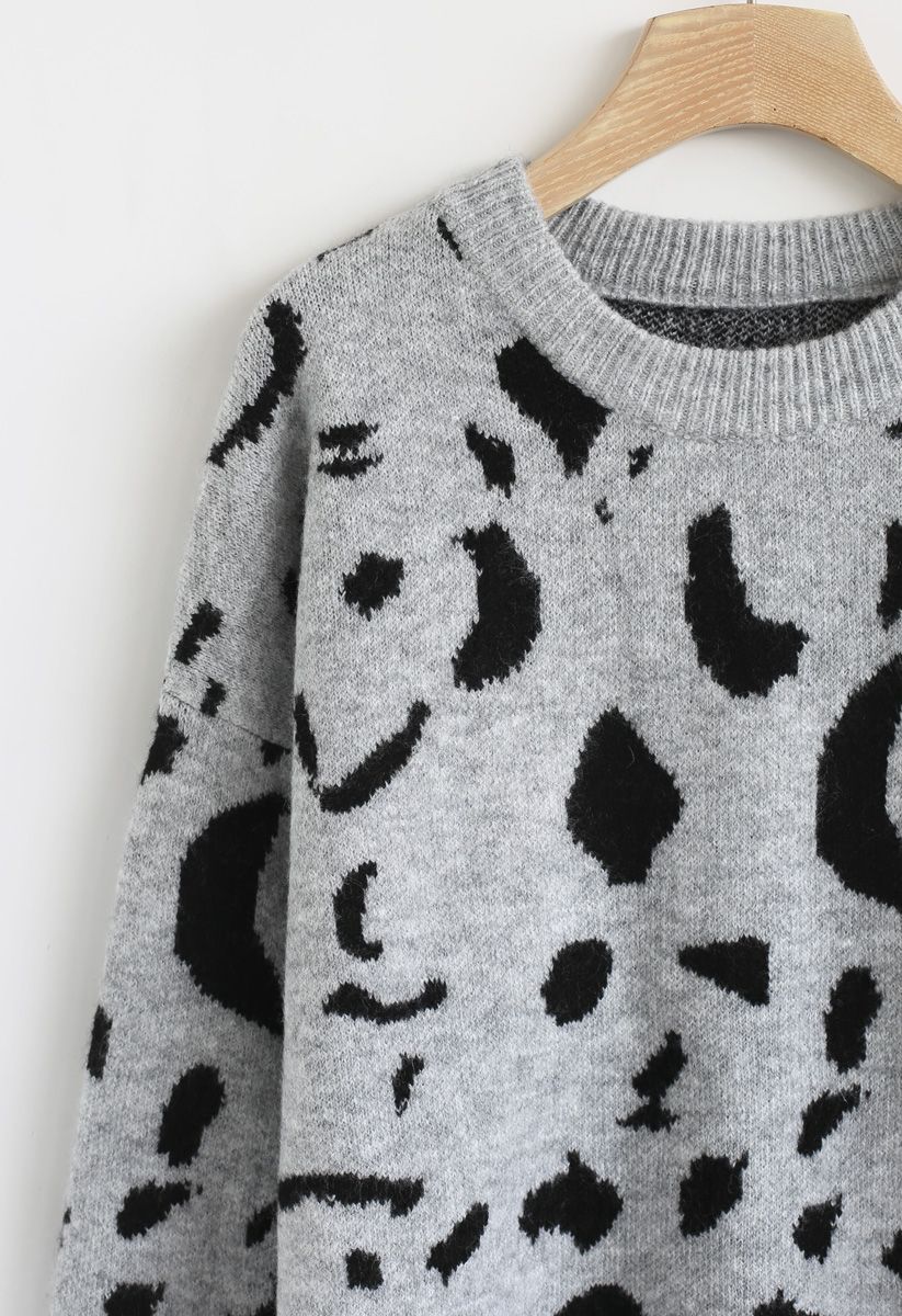 Inky Pattern Loose Knit Sweater in Grey