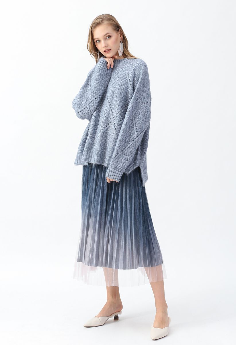 Diamond Hollow Out Oversized Knit Sweater in Blue - Retro, Indie and ...