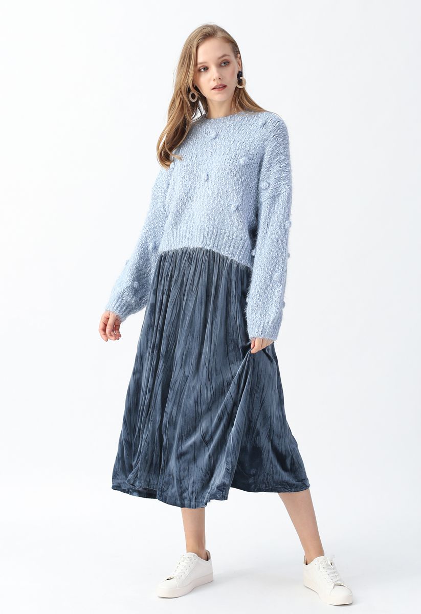 Velvet Pleated Midi Skirt in Dusty Blue - Retro, Indie and Unique Fashion