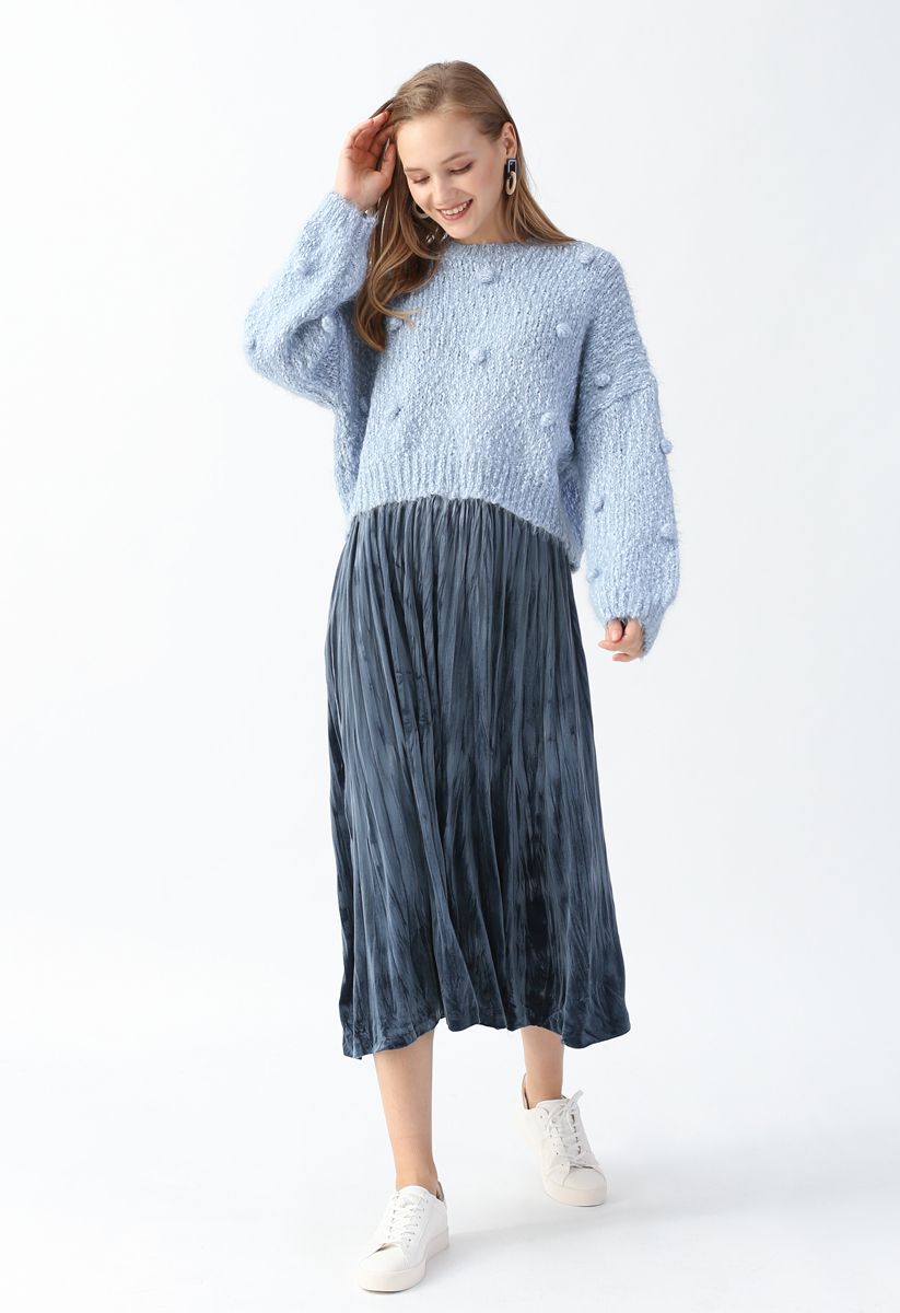 Velvet Pleated Midi Skirt in Dusty Blue - Retro, Indie and Unique Fashion